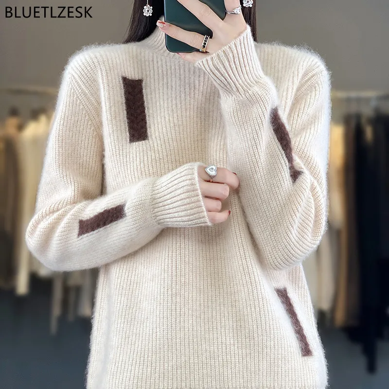 2023 Autumn Winter New Women\'s Clothing 100% Wool Cashmere Half High Neck Knit Sweater Soft Loose Large Size Pullover For Female