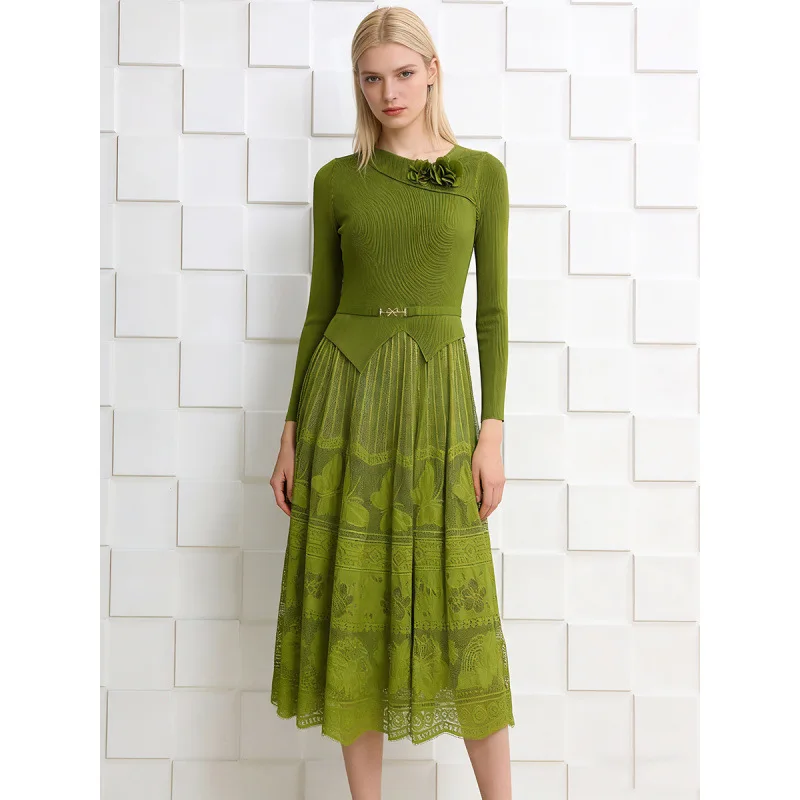 Miyake vestido plissado 2026 europa novo design de renda floral tamanho grande estiramento francês manga longa escritório commuter dersses roupas