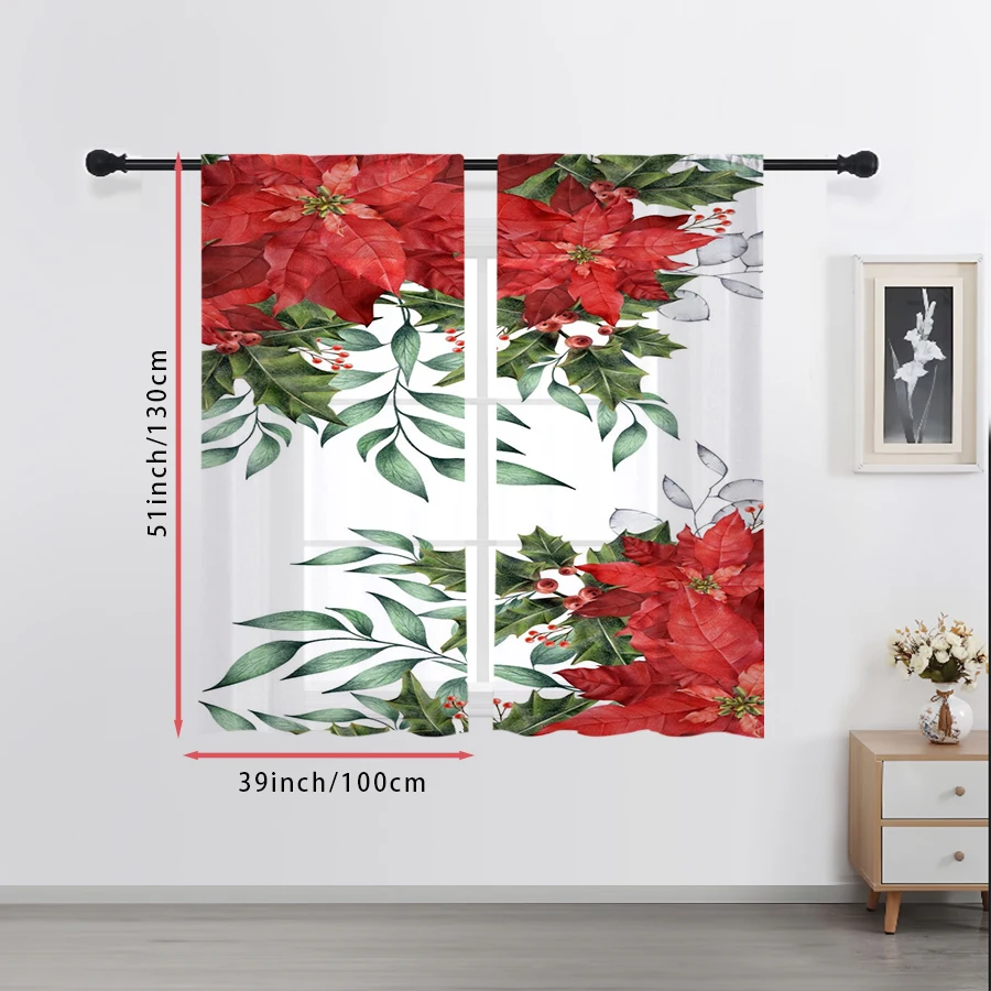 2PCS Red Poinsettia Sheer Curtains, Holly Berry Christmas Print, Rod Pocket Window Drapes for Xmas Holiday Home Decor