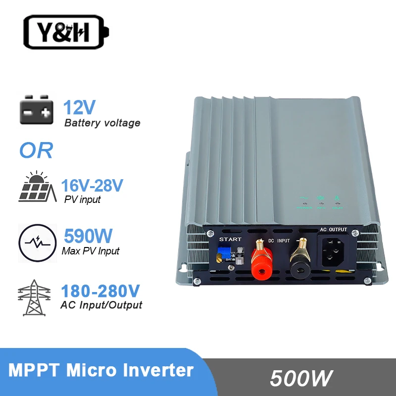 Y&H 500W MPPT Grid Solar Micro Inverter 12V 24V 230VAC Adjustable Battery Discharge Pure Sine Wave For 12V Solar Panels