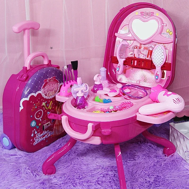 Crianças penteadeira conjunto de maquiagem brinquedos para meninas princesa beleza mala compõem kit 3 + crianças brincar casa brinquedo menina presente aniversário