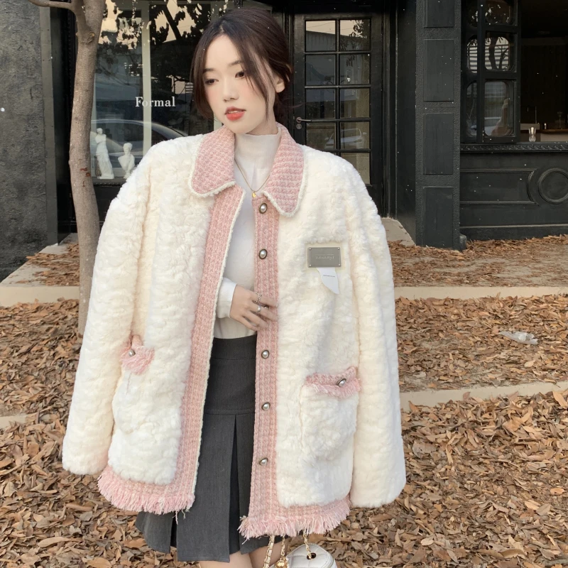 Spring 2023 New Wool Splicing Lambswool Coat Women\'s Fur One Lamb Jacket Female Elegant Clothes Single-Breasted Outerwears Tops