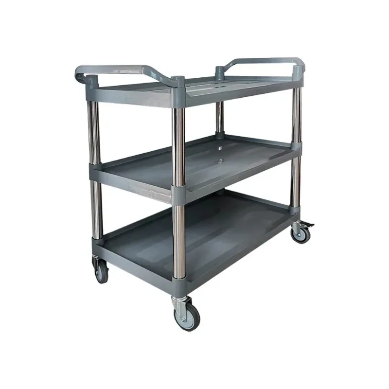 Economic Plastic Trolleys Stainless Steel Round Tube Well Priced Three Layer Collection Trolleys As Buffet Equipment