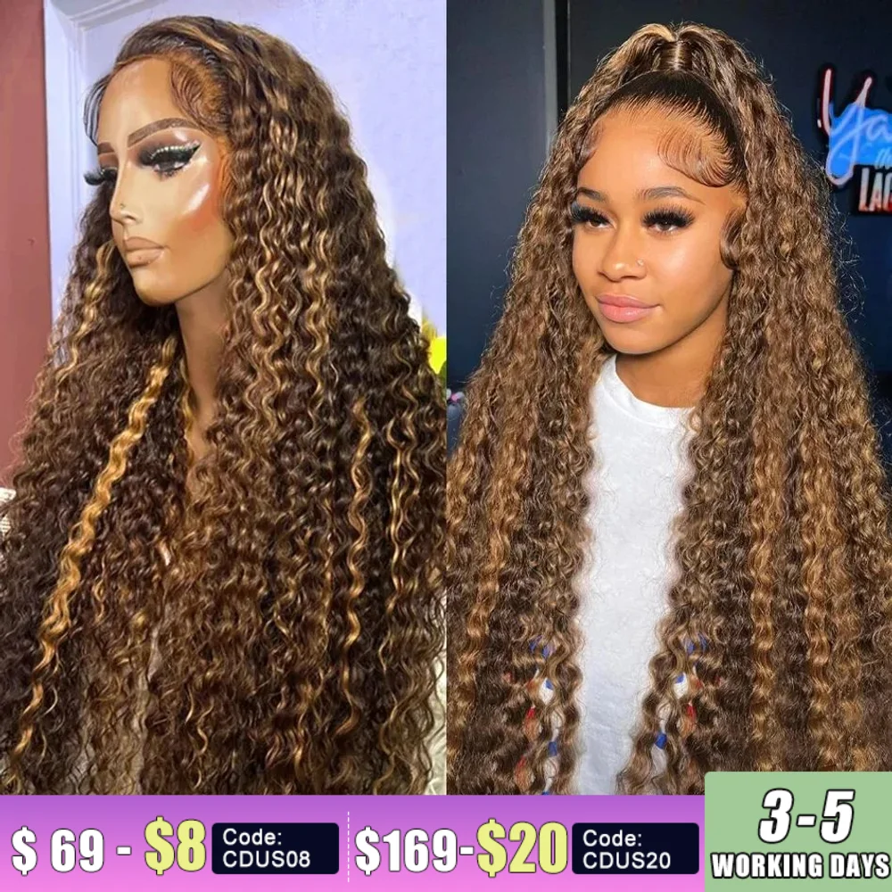 

30 Inch Highlight Honey Brown Lace Front Human Hair Wigs Deep Wave 13x4 13x6 Remy Ombre Colored Curly Lace Frontal Wig For Women