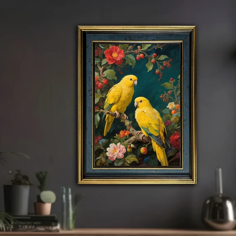 Frameless canvas paintings,Yellow Parrot and Floral Poster and Prints Animal Birds Art Canvas Painting Wall Art Picture for Livi