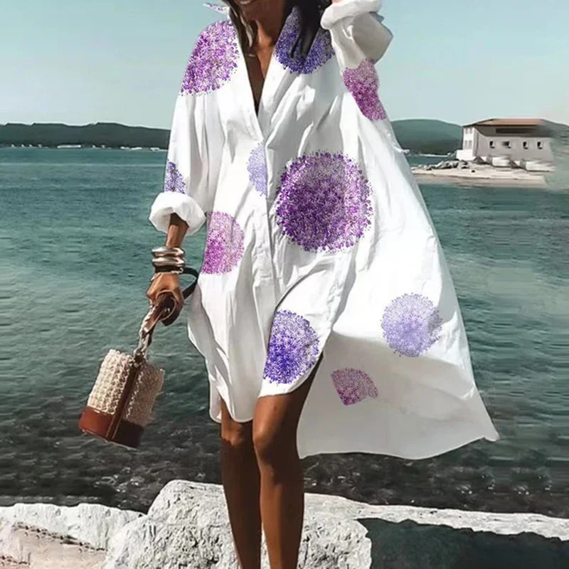 Autumn Summer Fashion Women\'s New Shirts Dress Casual Printed Lapel Long Sleeve Buttons Irregular Dress Beach Sexy Party Dresses