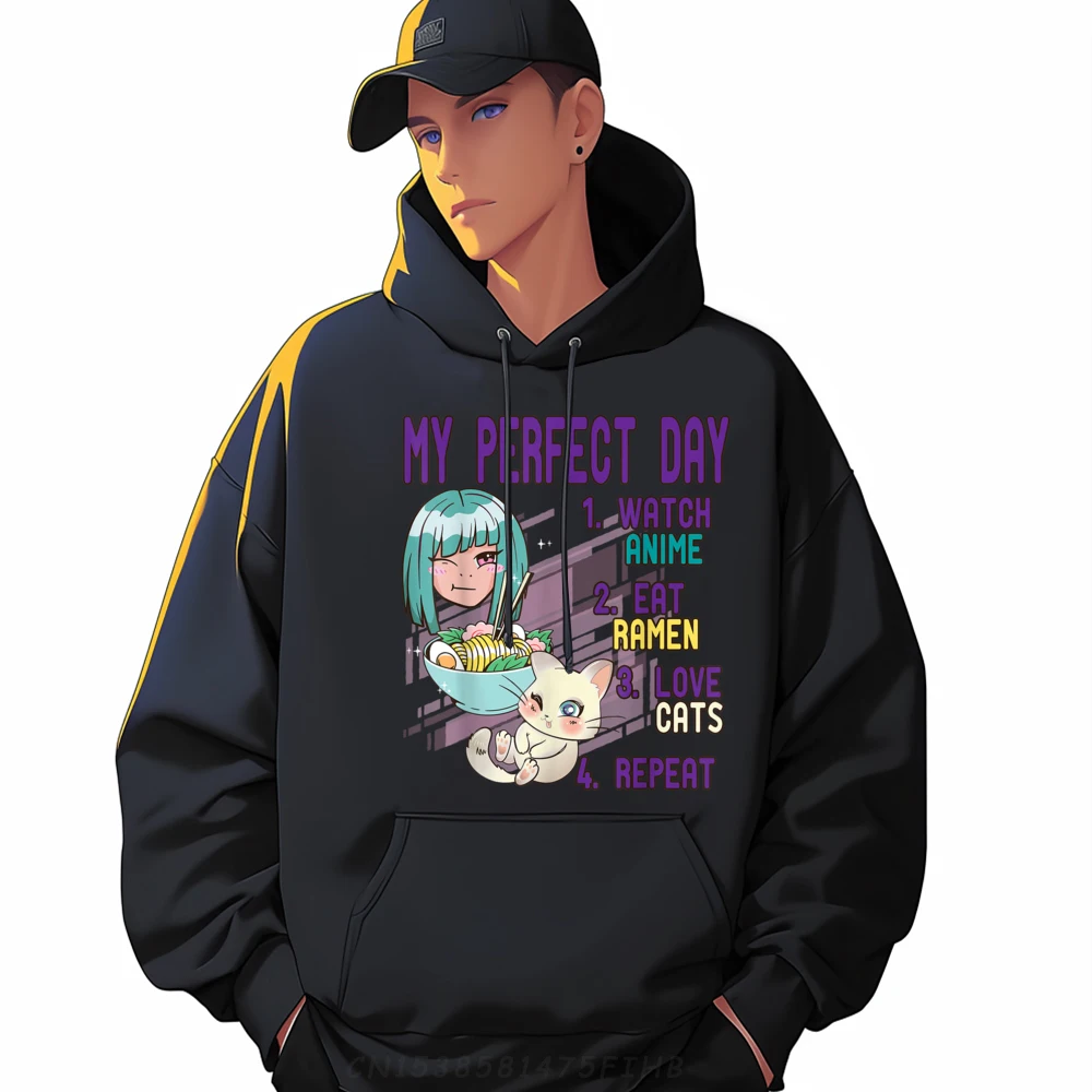 

My Perfect Day Ramen Cats Repeat Ramen Otaku Graphic Tees Camiseta Long Sleeve Pullover Hoodie