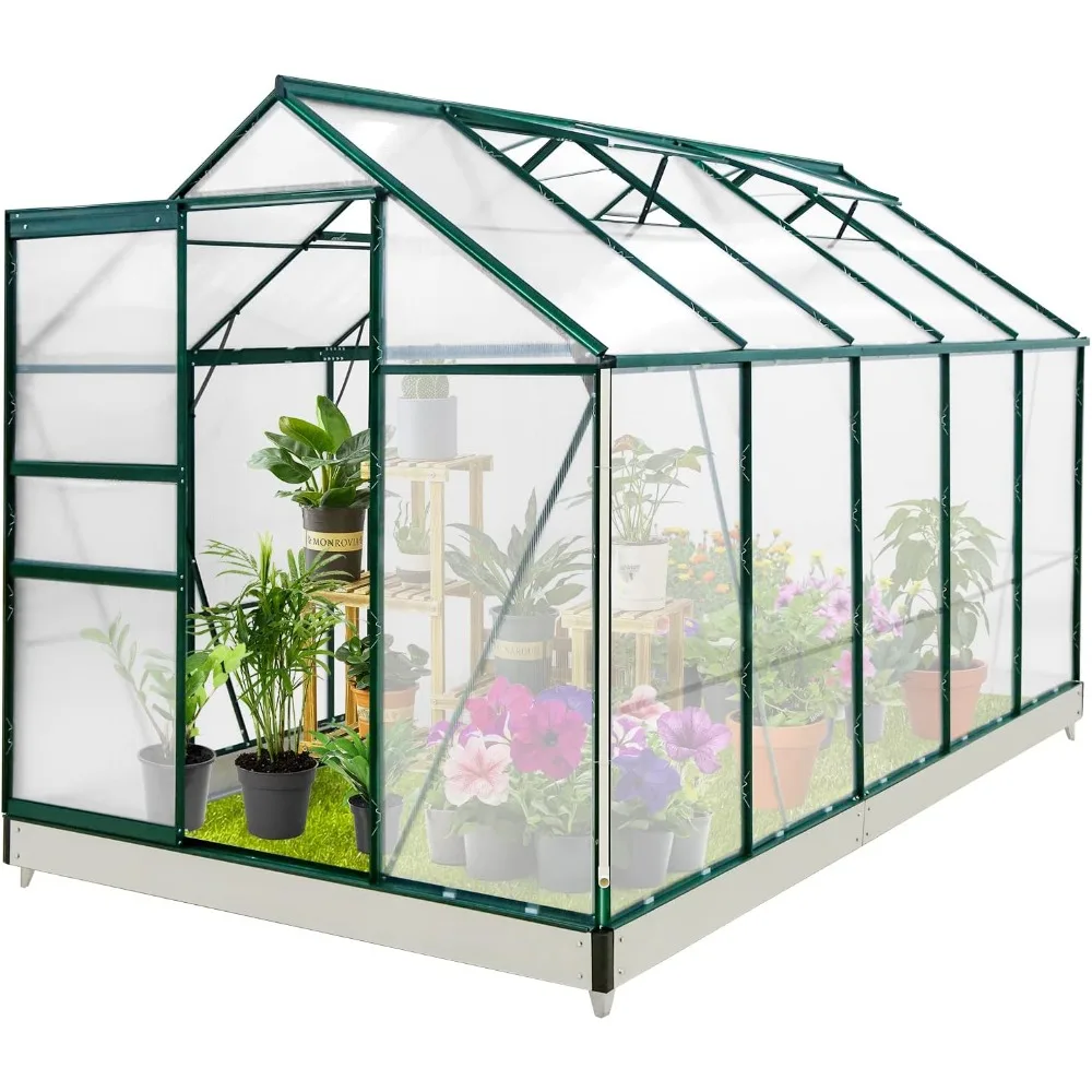 

10x6x7 Outdoor Walk-in Hobby Greenhouse with Adjustable Roof Vent and Rain Gutter, Base and Anchor, Polycarbonate Aluminum Green
