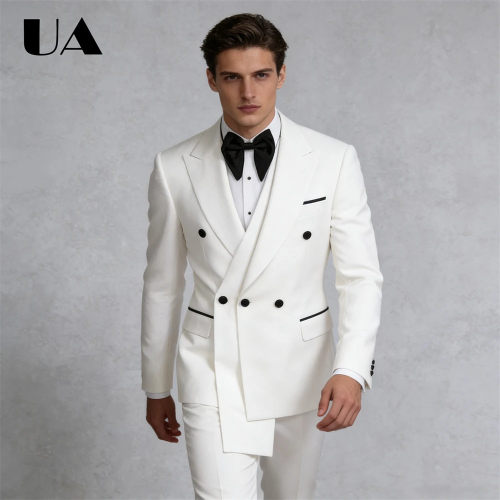 طقم بدلة بيضاء غير متماثلة للرجال، ملابس بدلة حفلة موسيقية بيضاء (سراويل سترة) مقاس كبير XXS-7XL بنطال سترة سهرة للرجال #1