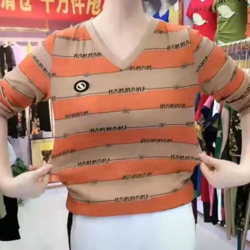 Nowa, swobodna, prostota koszulka w paski z dekoltem w szpic dla kobiet, jesienna, dopasowana bluzka z długim rękawem, odzież damska