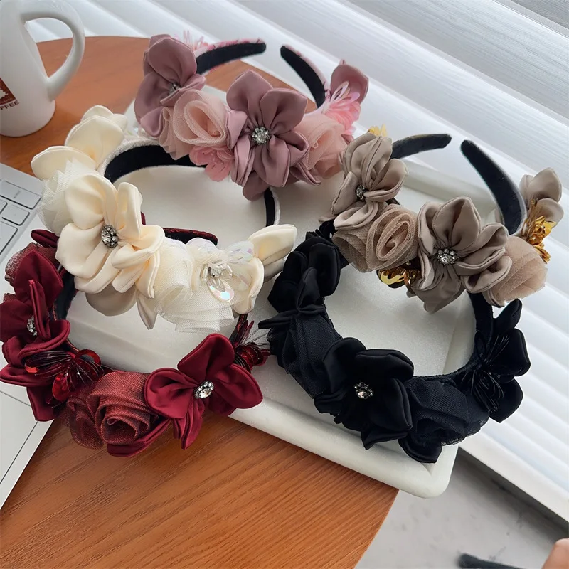 New Solid Color Simulation Garland Bridal Mesh Headband Girls Curled Flower Core Flower Headband Performance Hair Accessories