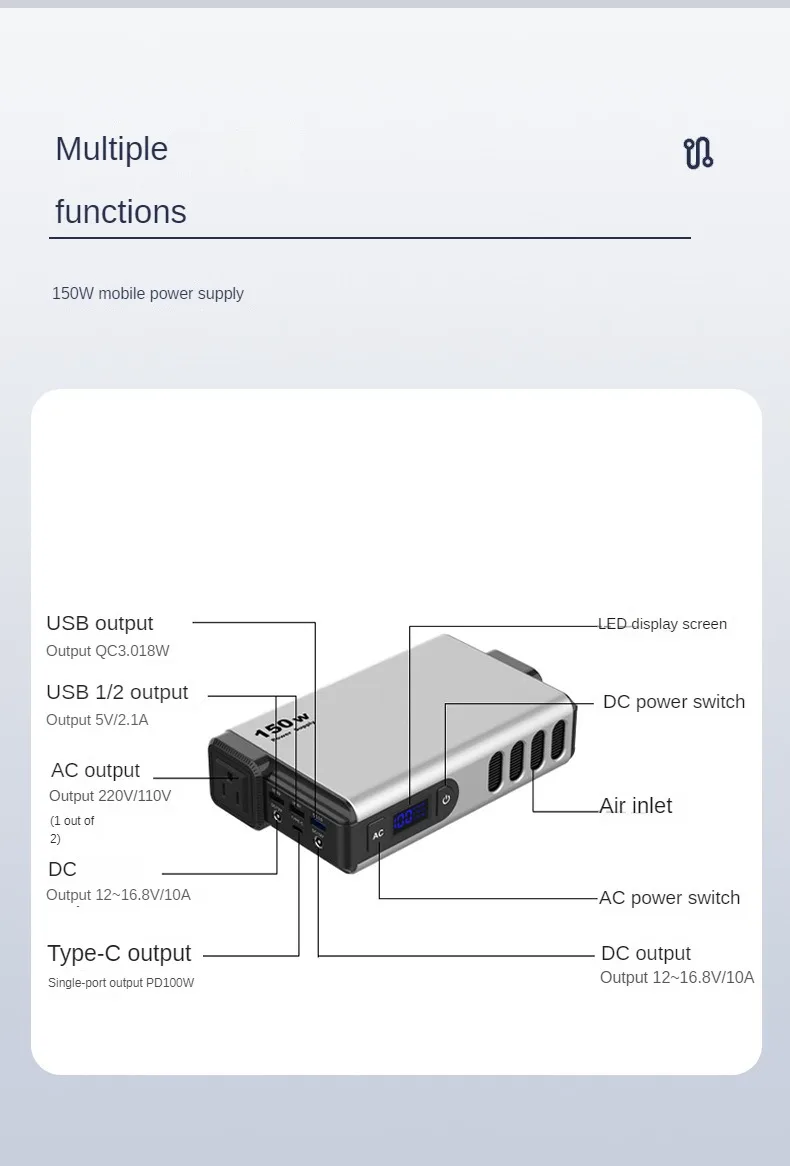 Imagem -05 - Banco Portátil do Poder ao ar Livre 150w 32000mah Bateria Externa Carregador Rápido Estação de Energia Móvel Bateria de Armazenamento de Energia ac dc