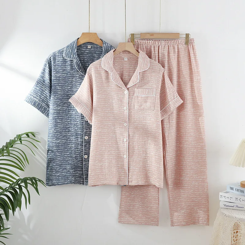 

2026 Новый пижамный комплект для пар, 100% хлопок, жаккард, брюки с короткими рукавами, комплект из двух предметов, мужские и женские кардиганы, домашняя одежда