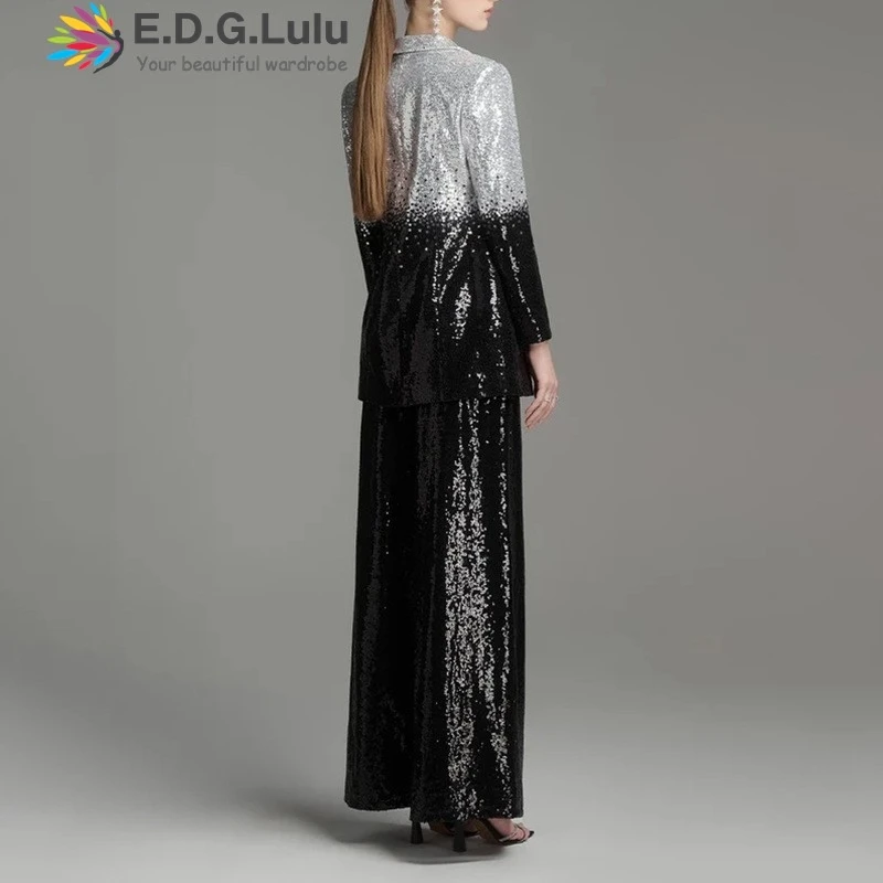 EDGLuLu 2025 Nieuwe vrouwen Zwart-wit Pailletten Jasje + Hoge Taille Rechte Broek Tweedelige Set Mode Dames 0817