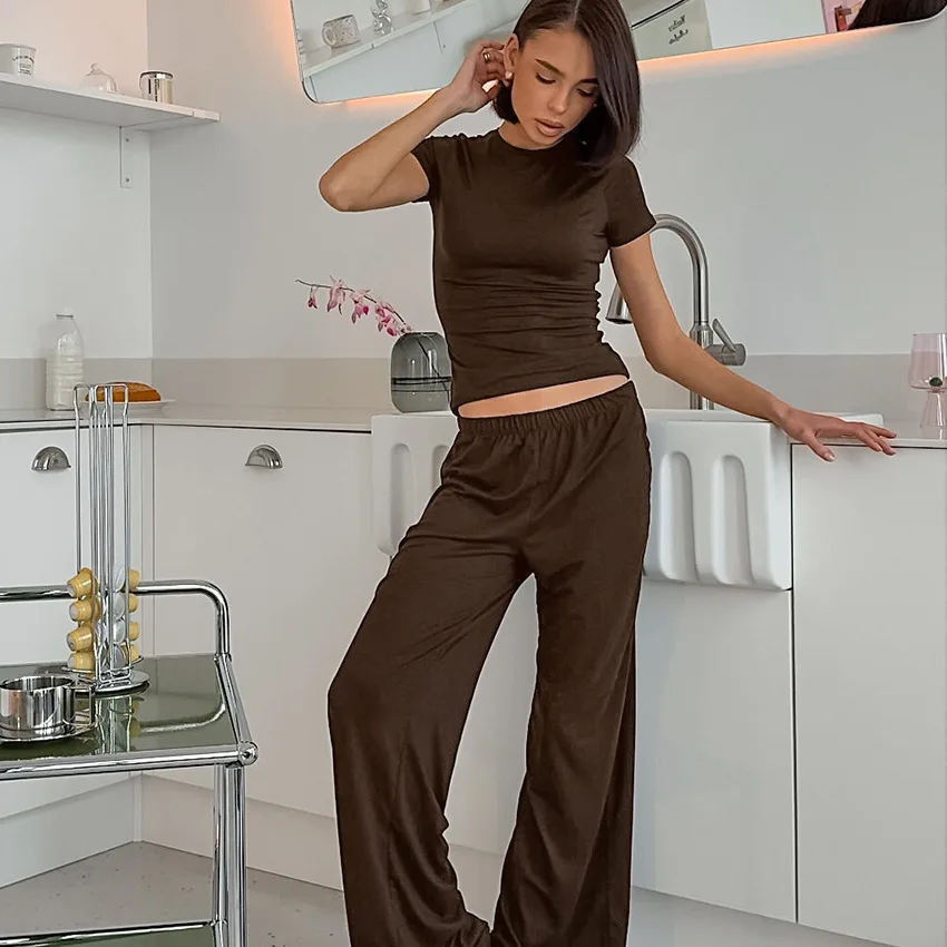 2025 New Brown Slim Fit Short-sleeved Trousers Round Neck Home Clothes Comfortable Knitted Casual Pajamas for Women