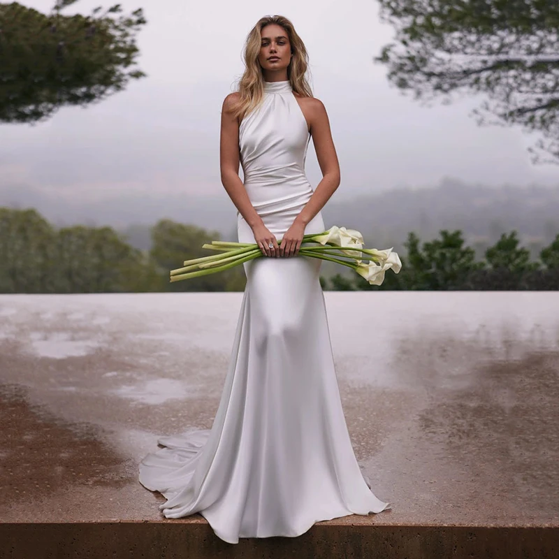 

Eightree Simple Mermaid Wedding Dresses White Sleeveless Backless Satin Bridal Dress Formal 2025 Wedding Prom Gowns Customized