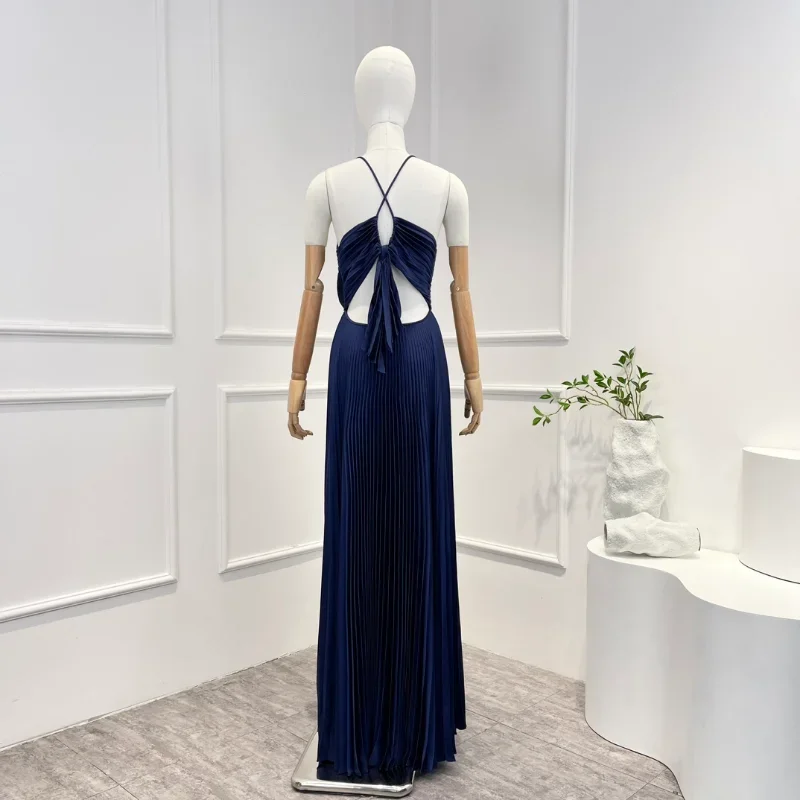 2023 New Green Solid Spring Summer High Quality Blue Color Elegant Pleat Backless Lace-up Sleeveless Woman Long Dress for Party