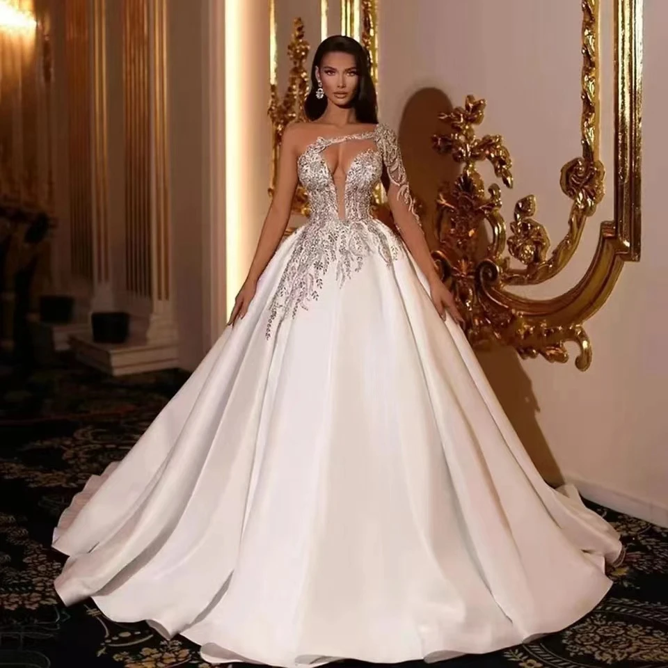 Customized Luxurious Sequin Shiny Beaded Crystal Ball Gown Satin Wedding Dresses 2024 One Shoulder Court Train Tulle Bridal Gown