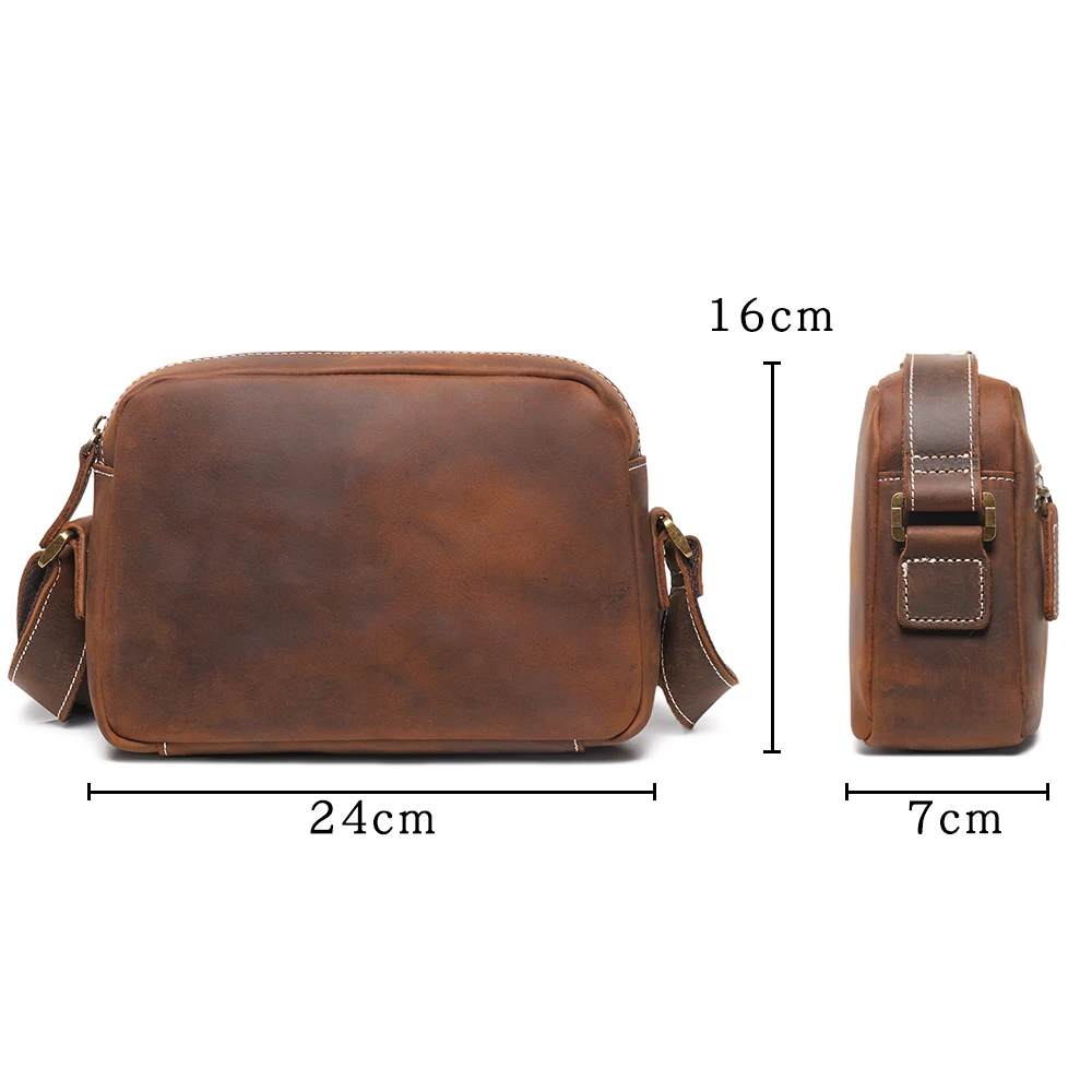 Crazy Horse Leather Men Messenger Bag Vintage Genuine Leather Crossbody Shoulder Bag Square Satchel Daily Travel Phone Wallet