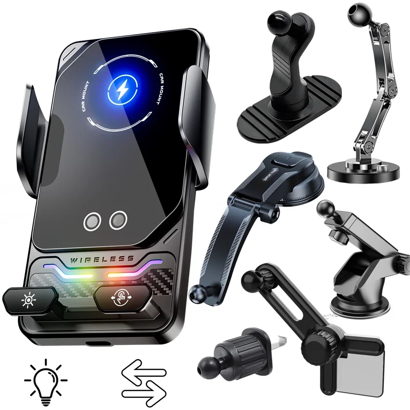 

15W Universal Car Wireless Charger Stand Auto Sensing 360 Degree Rotating RGB Ambient Light Mount for iPhone 17 16 Samsung S26