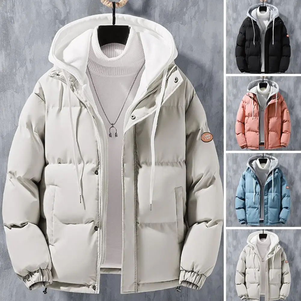 Male Warm Cotton Coat Men Zippered Coat Windproof Hooded Jackets for Men Thickened Cotton Outwear with Fake Two-piece Design