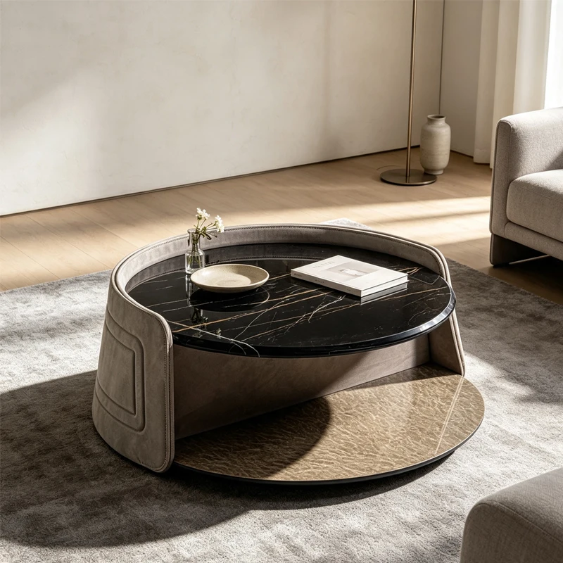 Luxury marble coffee table, grey leather wrapped base, unique 