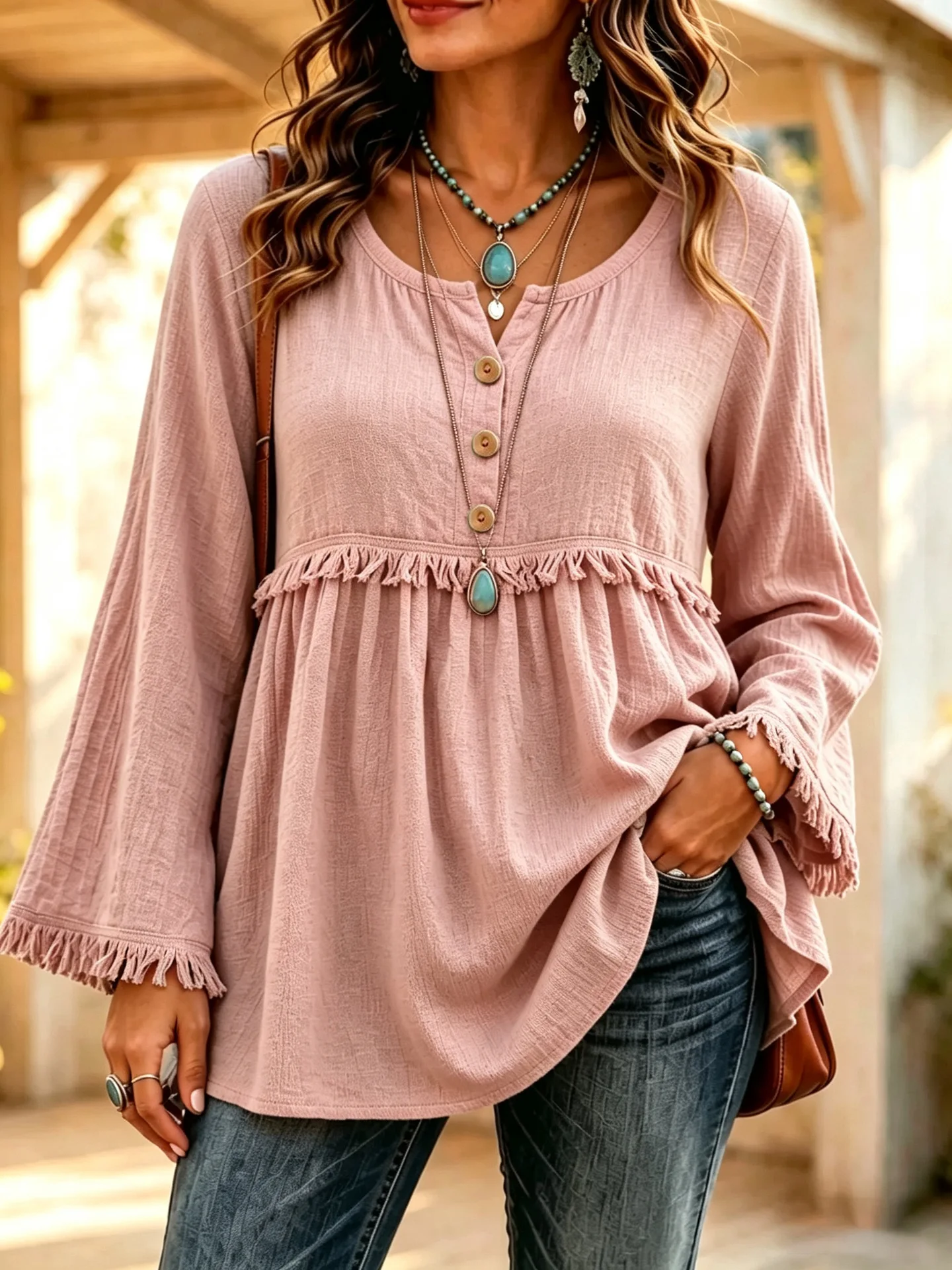 2026 Women's Blouses Solid Color Long Sleeve Loose Casual Button Vacation Bohemian Blouse Fashion Autumn Shirt Tassel Loose Tops