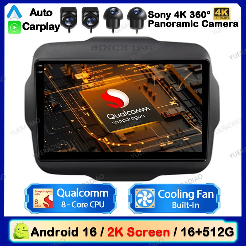 Radio para Auto Android 16 para Jeep Renegade 2016-2020, Unidad Principal Multimedia, Reproductor de Video Estéreo, 4G WIFI, GPS, Carplay Inalámbrico, Auto BT
