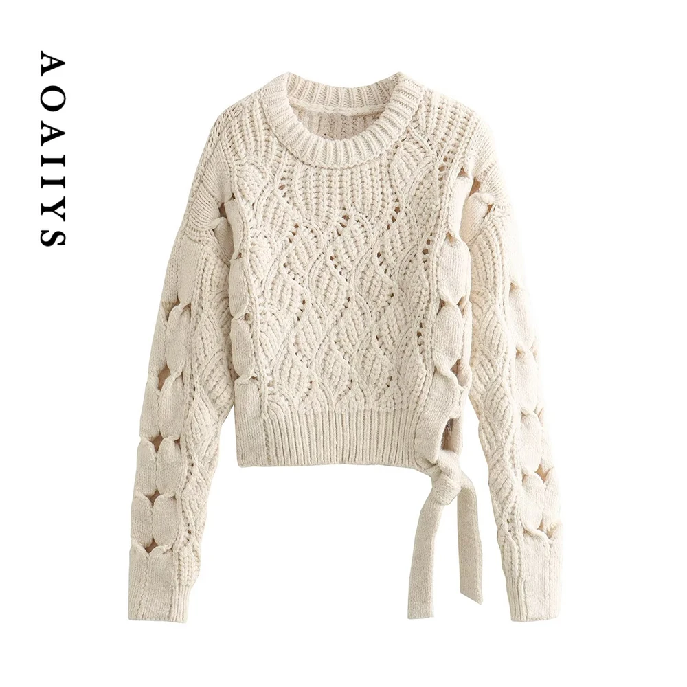 Aoaiiys Knitted Pullover for Womens Sweater Beige Lace-up O-Neck Hollow Out Elegent Autumn Winter Jumpers New Fashion Pullovers