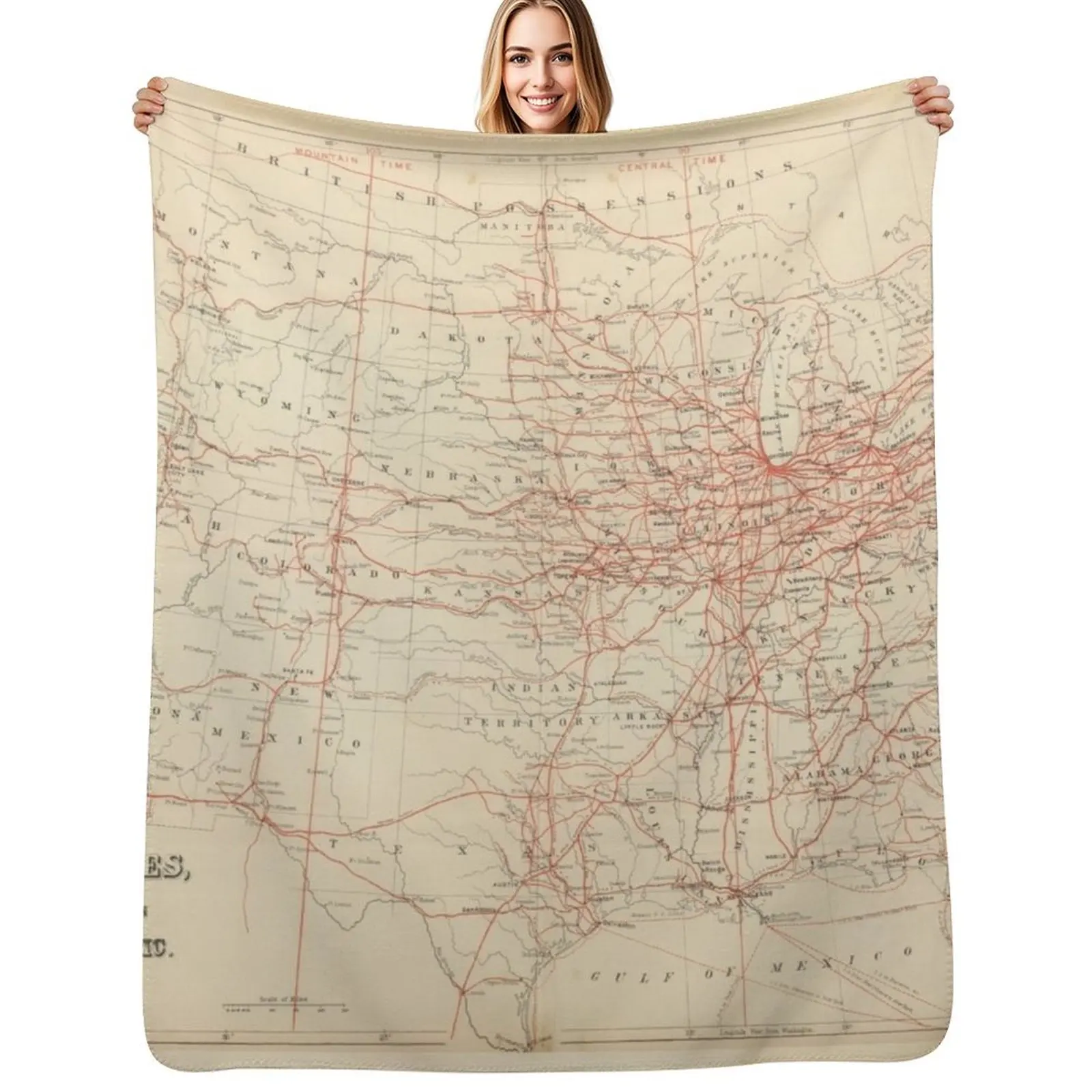 Old United States Railroad Map (1884) Vintage US Railway Atlas Throw Blanket Cozy Sofa Blanket for TV Watching Napping