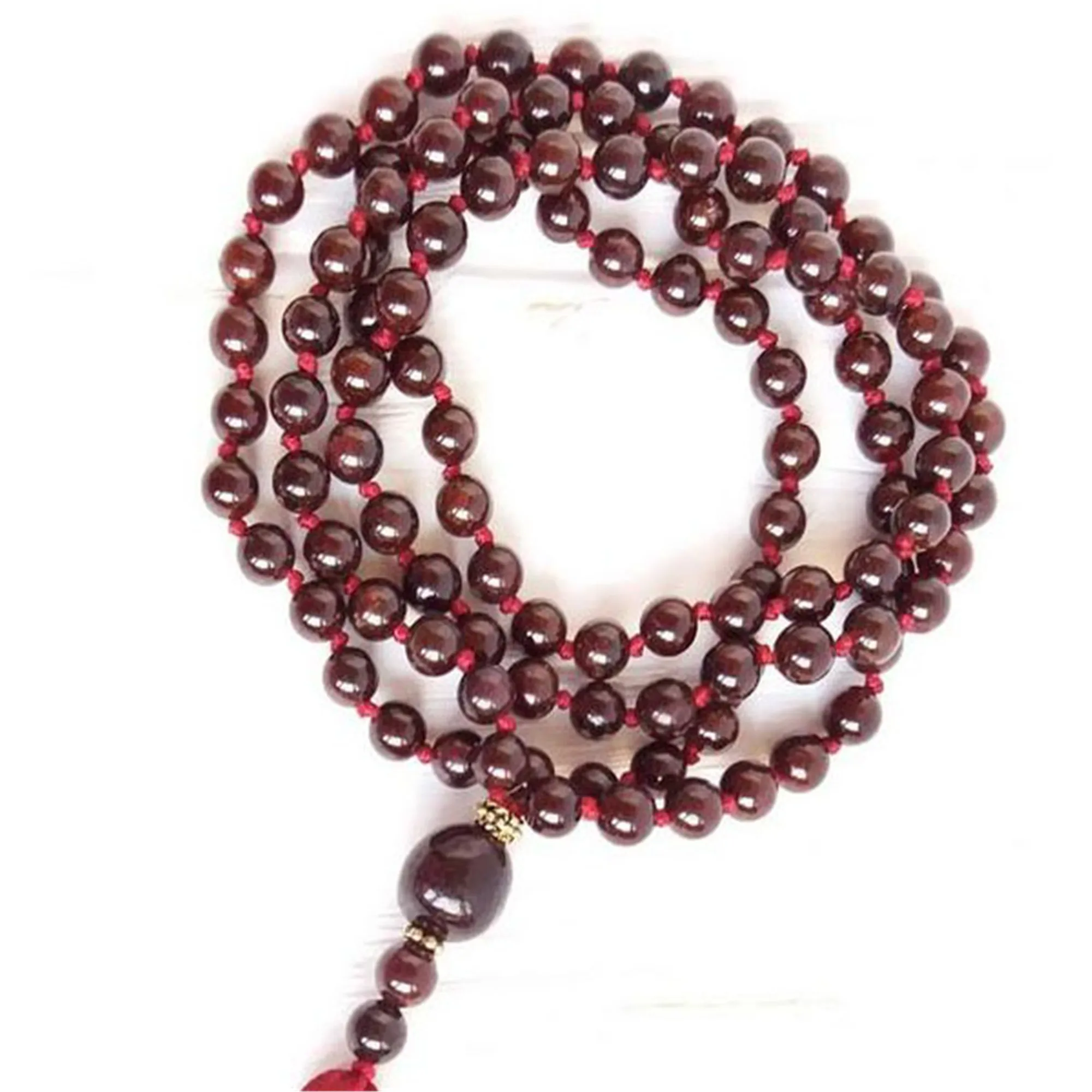 6mm Natural Red Garnet 108 Beads Tassel Knot Necklace Yoga Hipster Tranquility Bridal Formal event Metal Statement Opera length