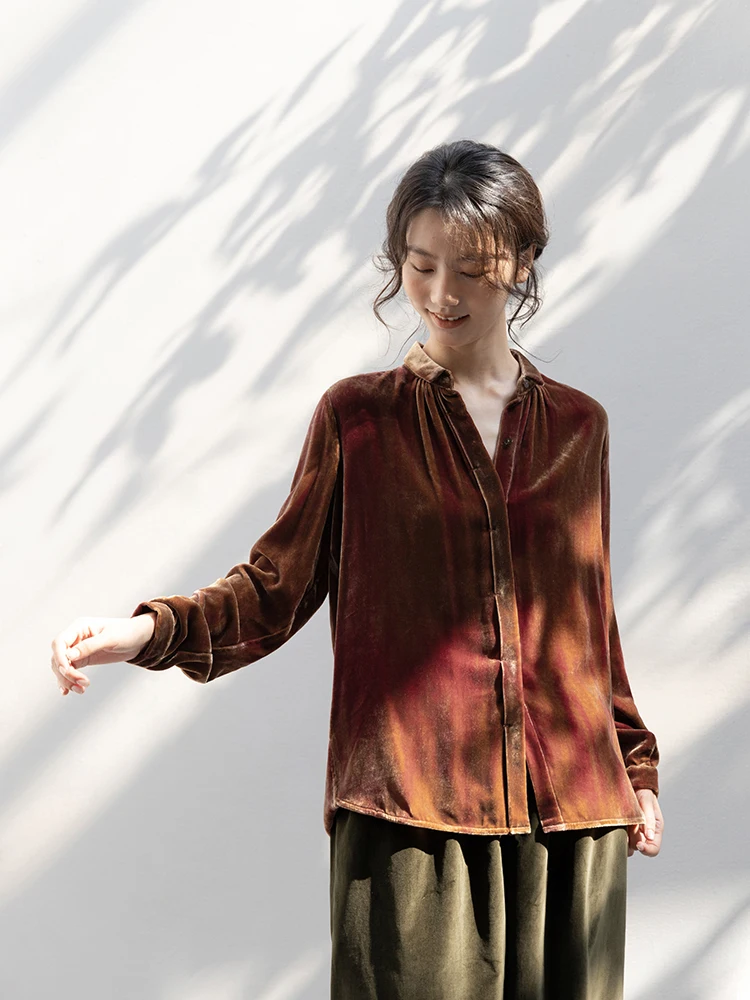 

New Le Collection Silk Blend Velvet Hand-Painted irt Autumn Season Button-Up Collar Aosphere irt Women's Faion