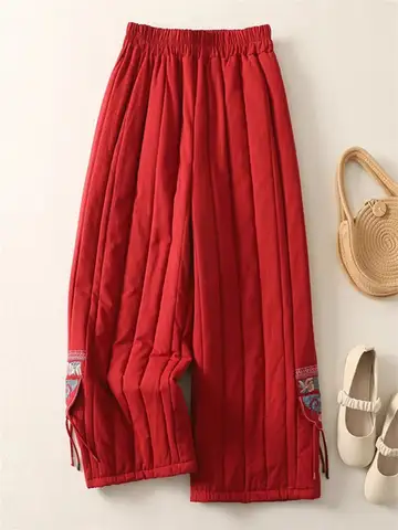 Chinese Style Retro Embroidery Quilted Cotton Pants For Women In Winter Thick And Warm Ancient Style Wide Leg Trousers a818