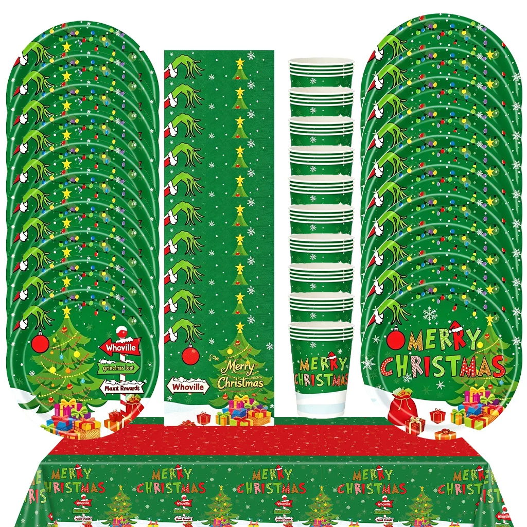2026 Weihnachten Neue Dekorationen Grünes Party-Tischgeschirr-Set Einweg-Pappteller, -Becher und -Servietten für Silvester-Dinner-Zubehör – Detail 1