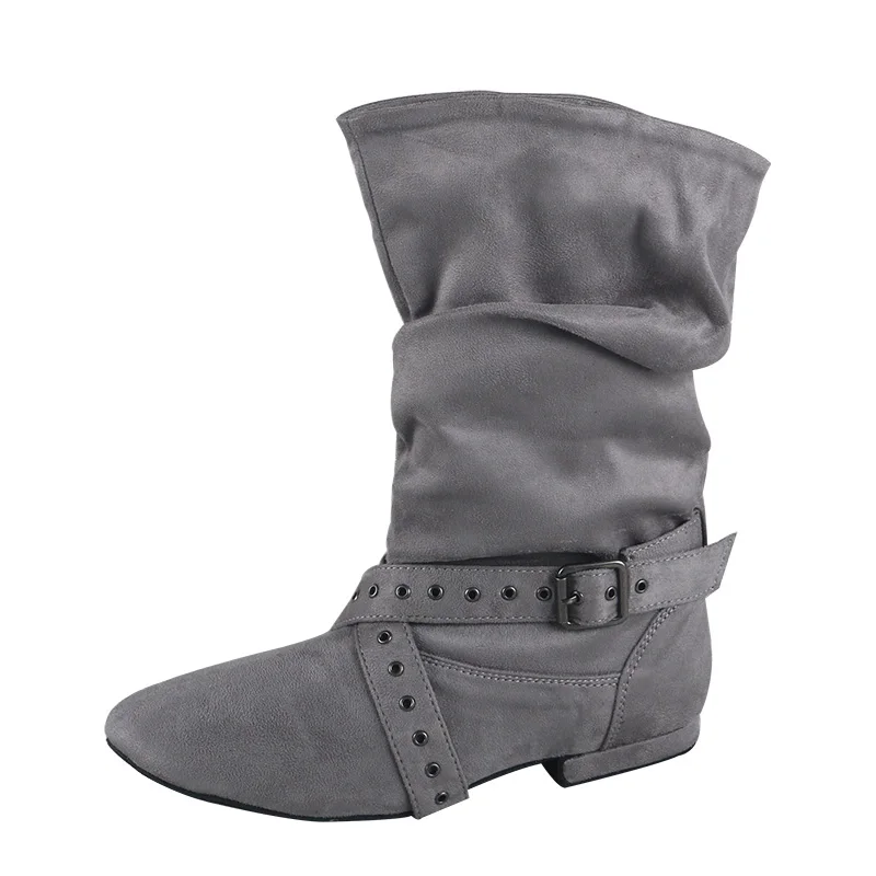 Wedopus OEM Home Dance Boot Women Soft Grey Suede Medieval Boots Dancing Shoes Zipper 2CM Swayd Dance Boots Line Dance Shoes #5