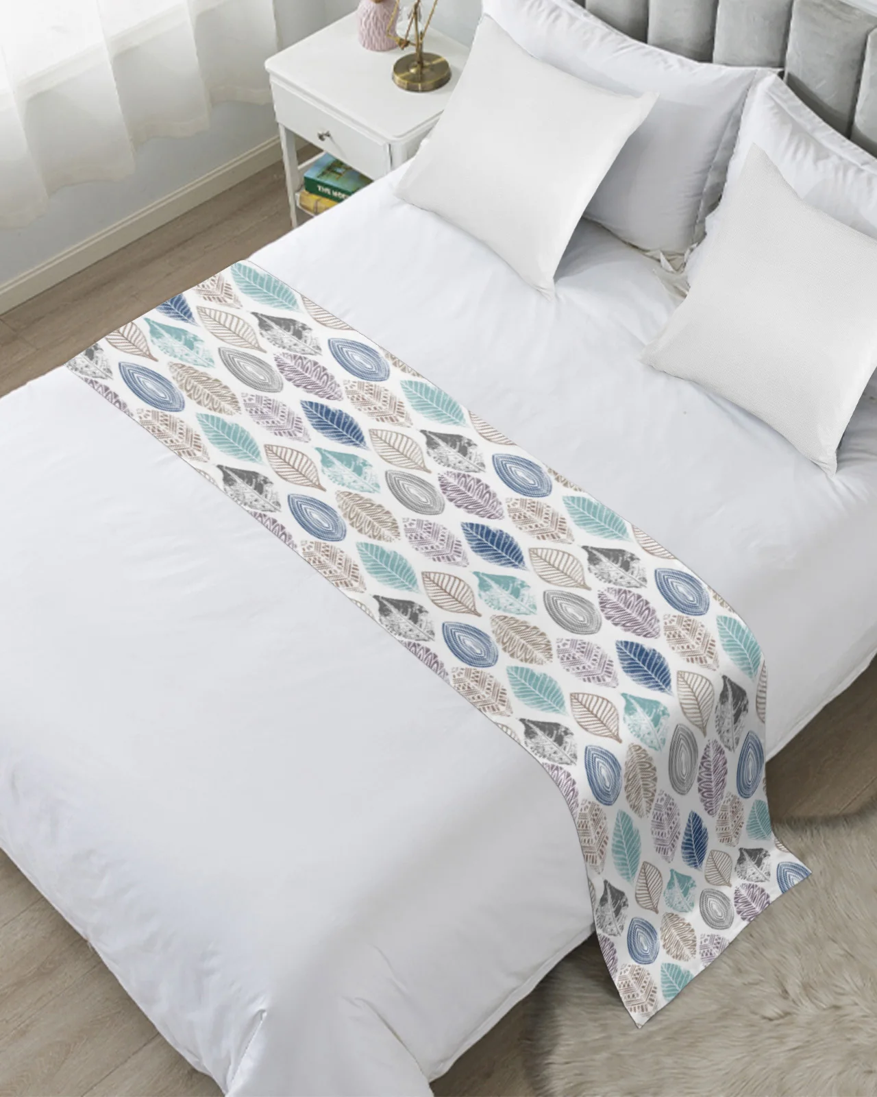 Leaves Blue Khaki Teal Purple Bed Runner Home Hotel Decoration Bed Flag Wedding Bedroom Bed Tail Towel