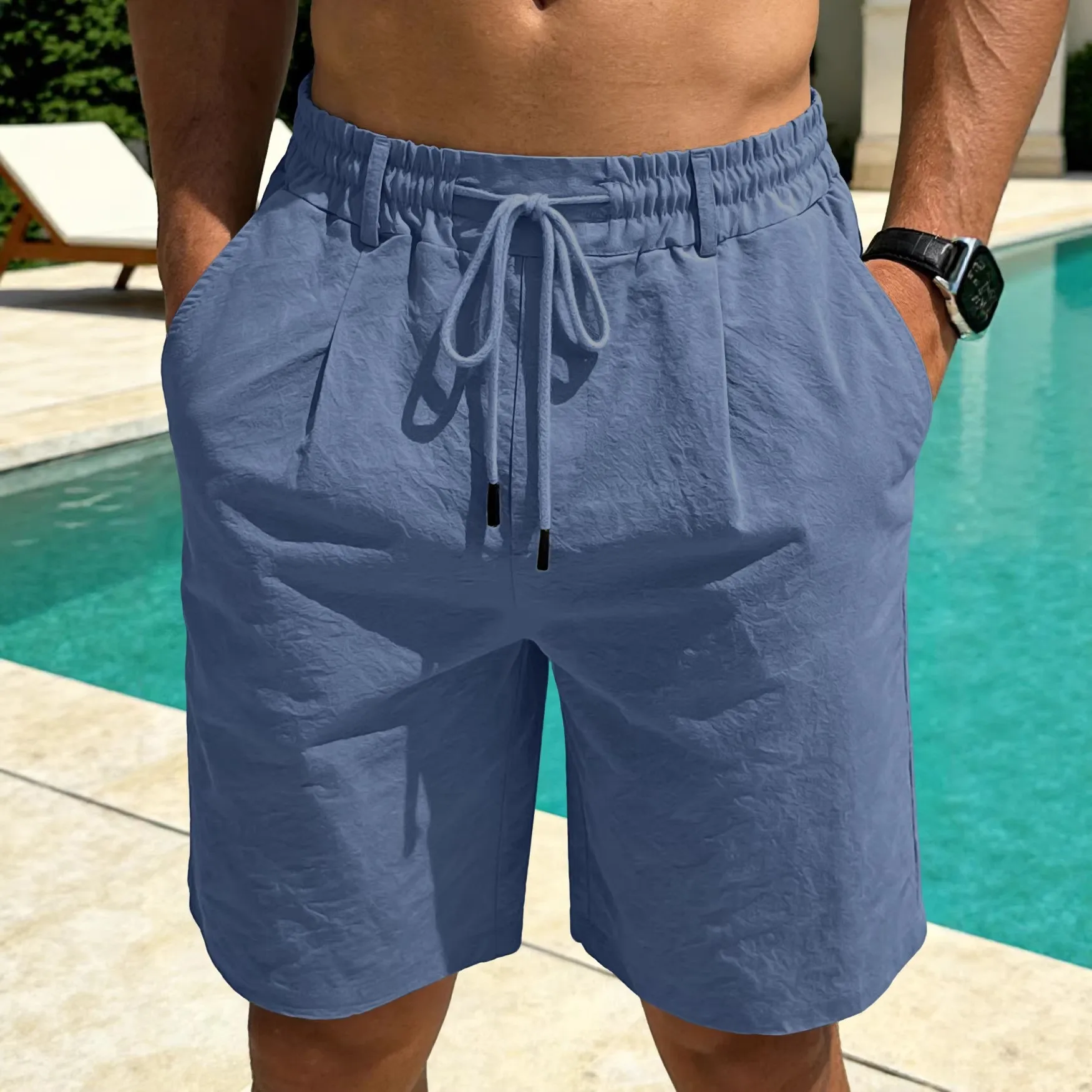 Men's Cotton Shorts Loose Fit Blue Linen Breathable Short Pants Drawstring Waist Grey Elastic Casual Shorts Side Pockets Knee