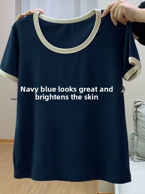 plus Size Dark Blue Short Sleeve Pure Cotton Women's T-shirt Shoulder Match Color Block Slimming Top Korean Style Commute