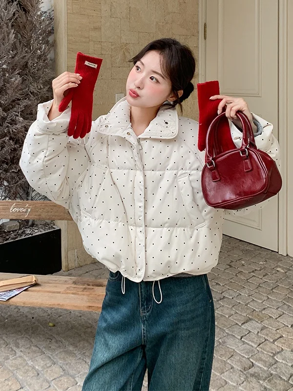 

White Polka Dot Short Puffer Jacket Women's Stand Collar Retro Anti-Aging Winter Coat Casual Loose Fit Warm Thick Duck down