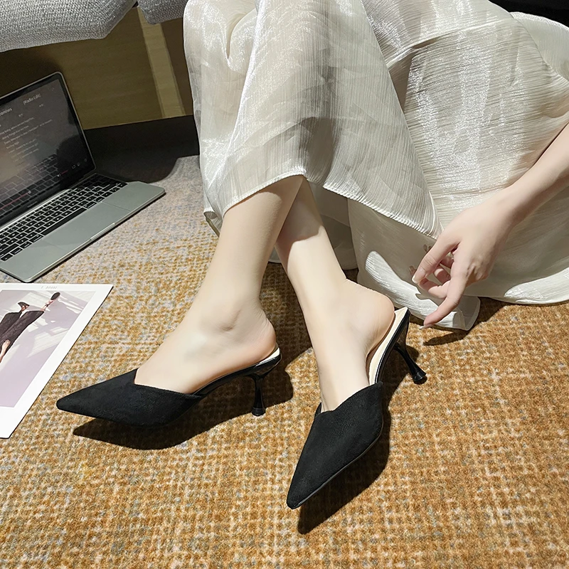 

2025 NEW Women's Summer New Mid Heel High Heels Pointed Toe Semi Slippers Elegant Style Shoes Trendy Женская Обувь