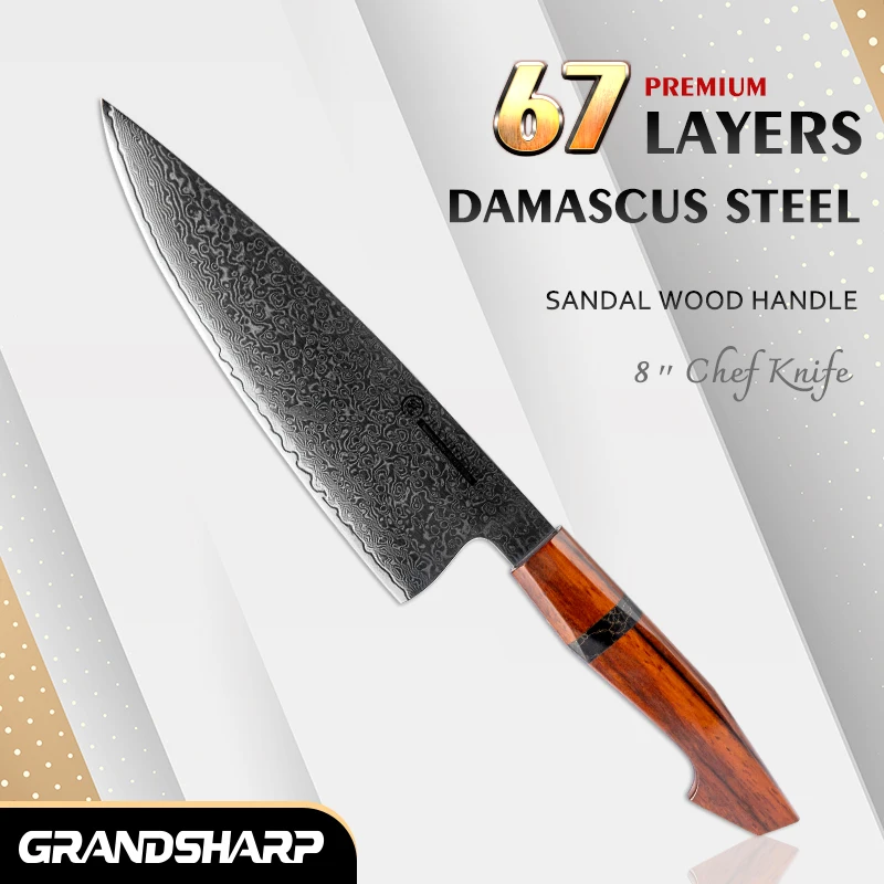 

Grandsharp 8 Inch Chef knife Damascus 67 Layers 10Cr15C0Mov Steel Sharp Knife Fruit Meat Cleaver Knives with Sandal Handle