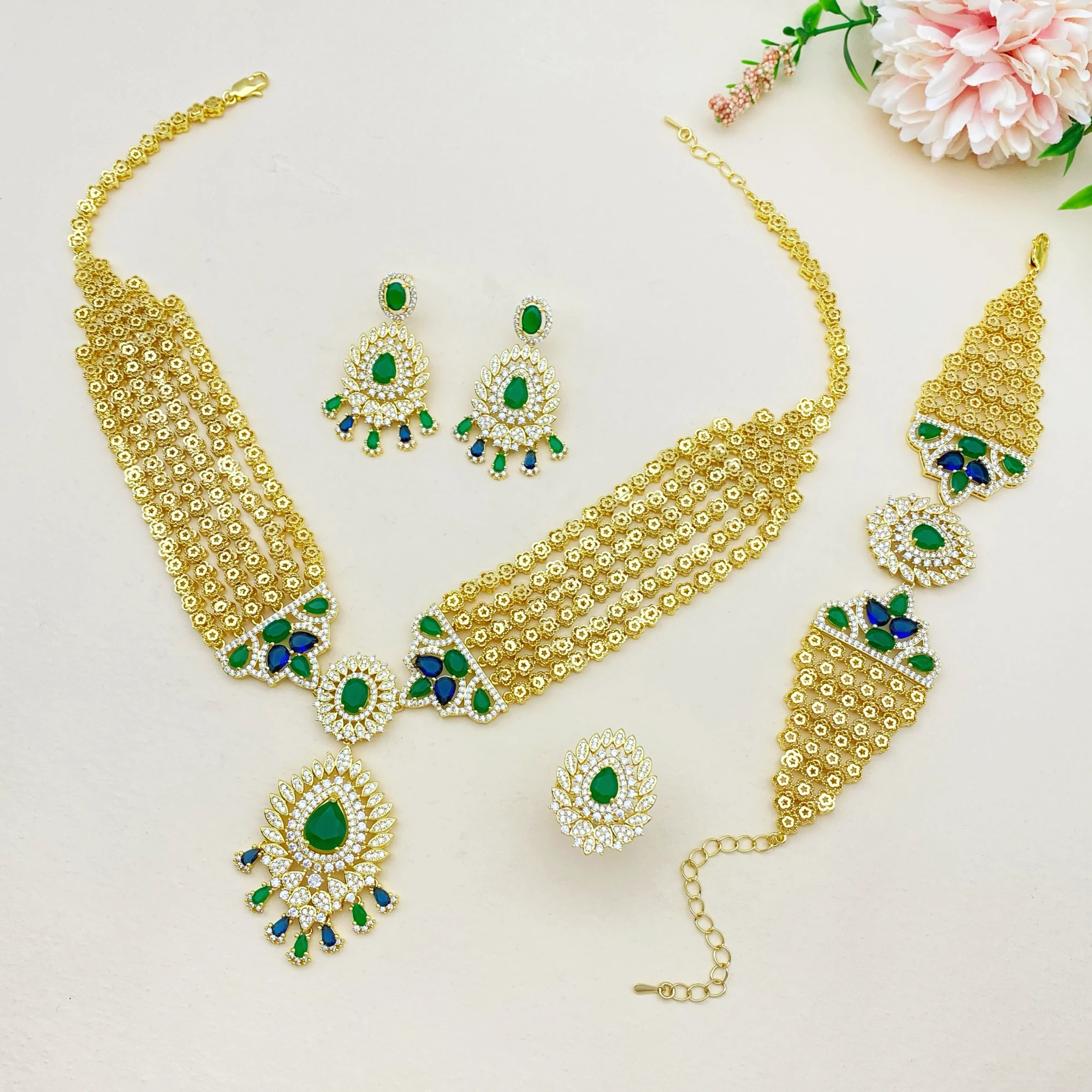 

Flora Luxury Women's Jewelry Set Gold Plated Layer Zircon 4 Pcs Includes Necklace Bracelet Ring Earrings with Gift Box