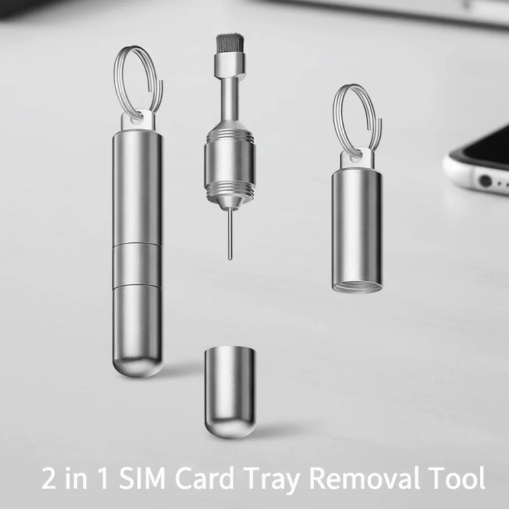 2 in 1 Keychain SIM Card Tray Ejector Pin Cleaning Brush Portable Ejecting Removal Needle Anti-Lost Universal