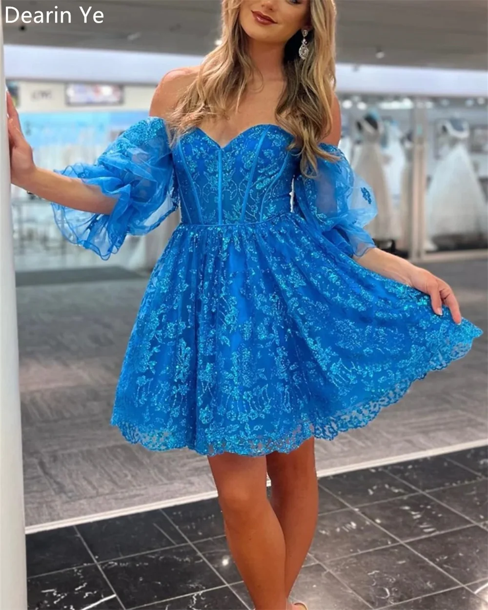 Vestido formal personalizado de noite dearin, ombro de fora, linha a, mini saias de comprimento, renda, vestidos de ocasião sob medida, vestido de baile saudita