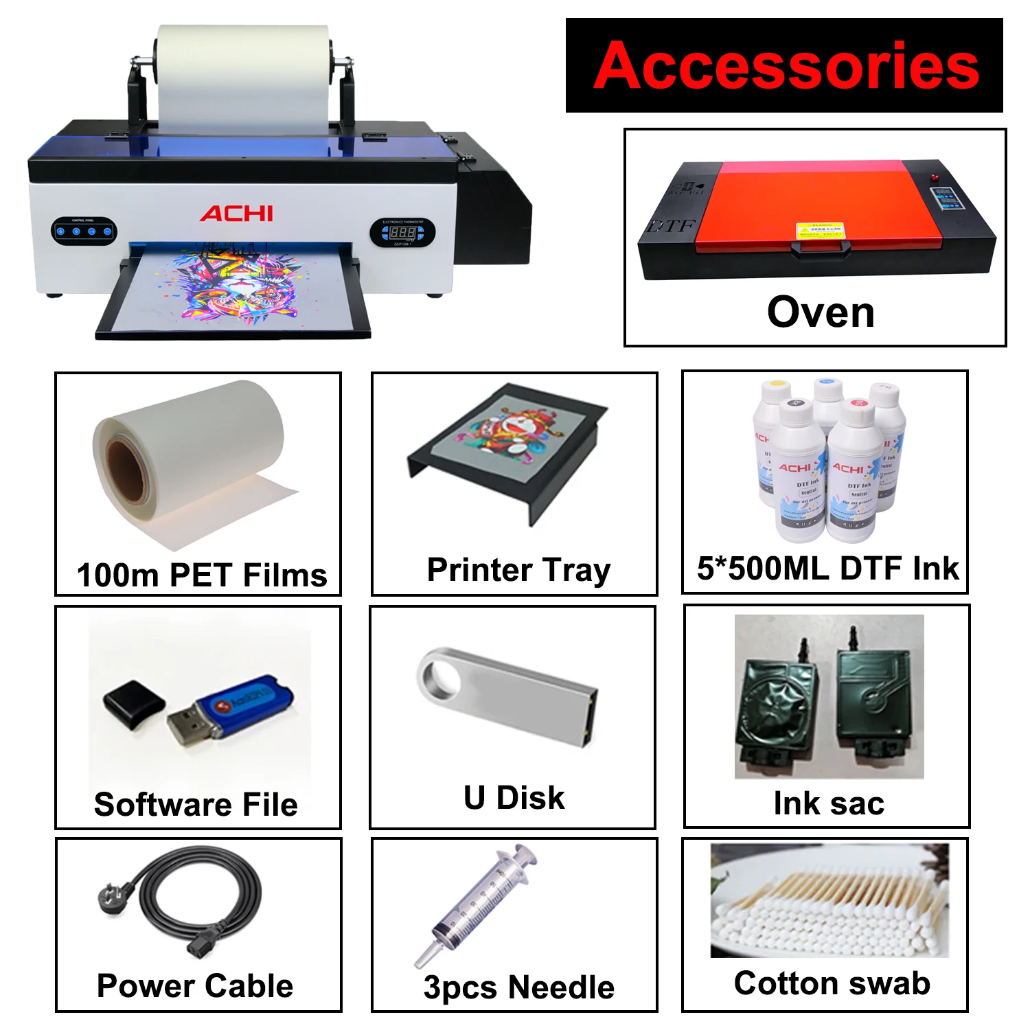 ACHI A3 DTF Transfer Printer R1390 DTF Printer T Shirt Printing Machine With Curing Oven for Clothes Hoodies Jeans US Stock