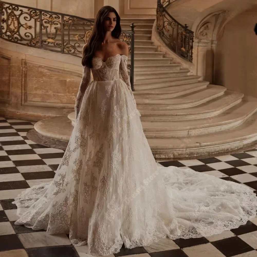 

Elegant A-Line Women Wedding Dresses Bright Off Shoulder Lace Appliques Bridal Gowns Princess Vestidos De Novias Boda Customized