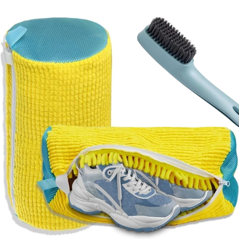 2pcs Set Shoe Washing Bag with Liquid Brush Set Durable Laundry Shoe Bag Soft Bristle Clean Brush for All Shoes