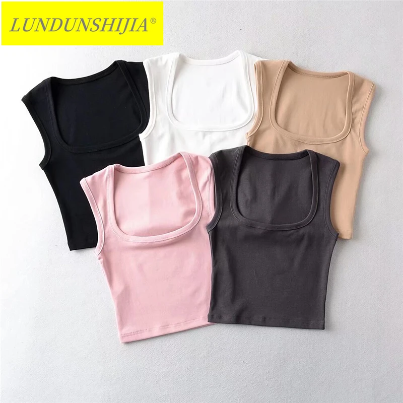 LUNDUNSHIJIA Fashion Square Neck Sleeveless Summer Crop Tops Women Casual Basic T Shirt Off Shoulder Cami Sexy Tank Top