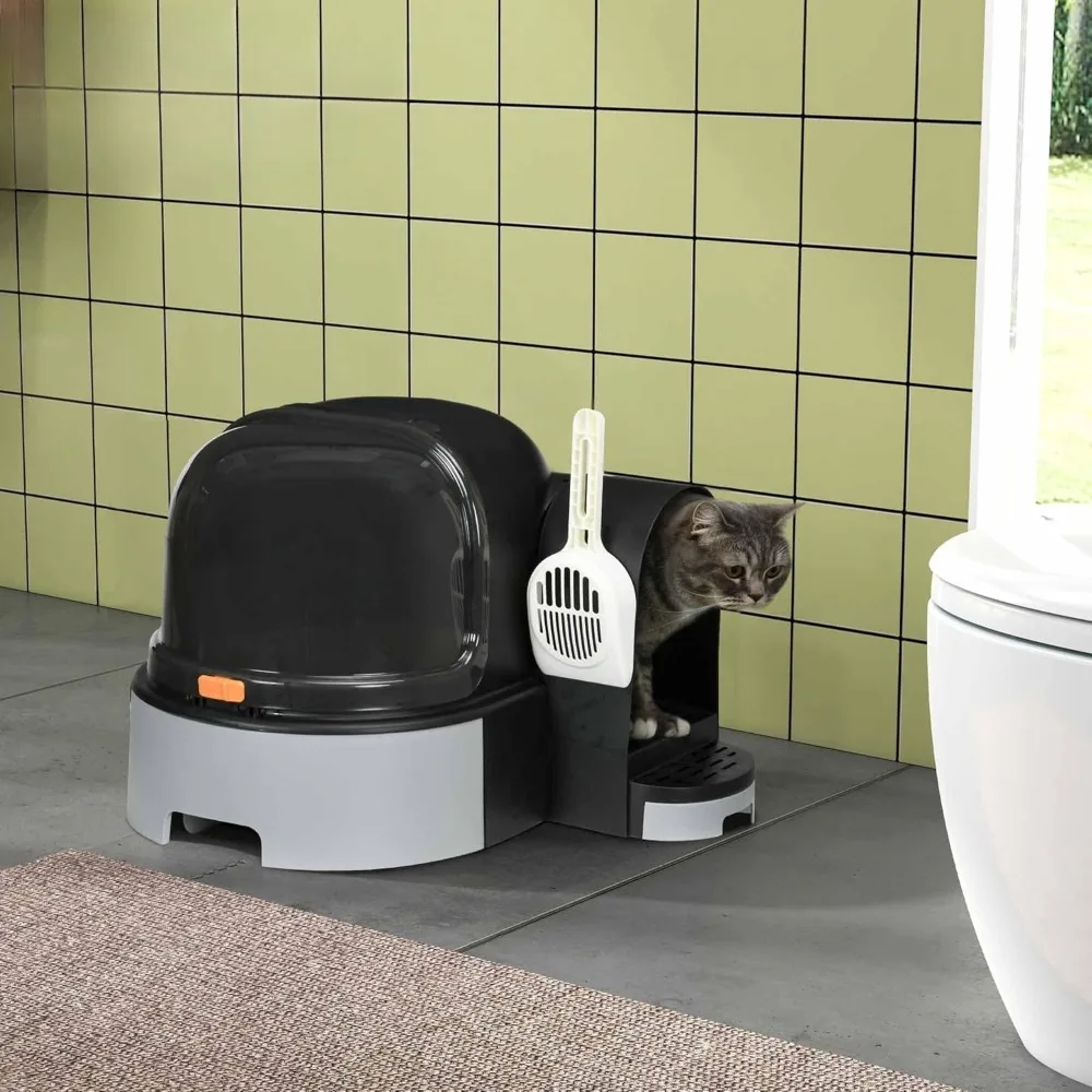 

Cat Litter Box with Lid, Covered Litter Box, Easy to Clean & Open Including Openable Front Cover, Litter Scoop, Gray