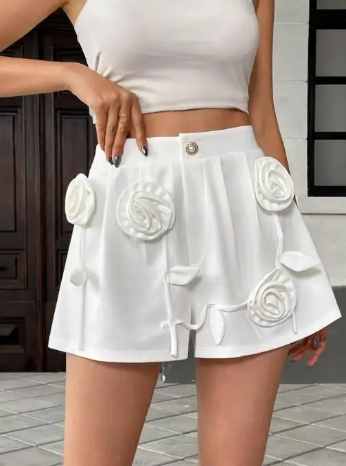 

Summer 2025 Three-Dimensional Flower Splicing Shorts High-End Solid Color Elastic Waist Fashionable Niche Design Slim Fit Shorts